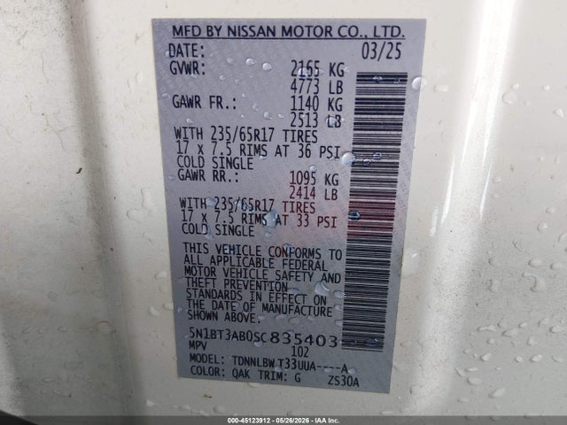 Aukcja sprzedaży 2025 Nissan Rogue S Intelligent Awd, vin: 5N1BT3AB0SC835403, numer aukcji: 45123912