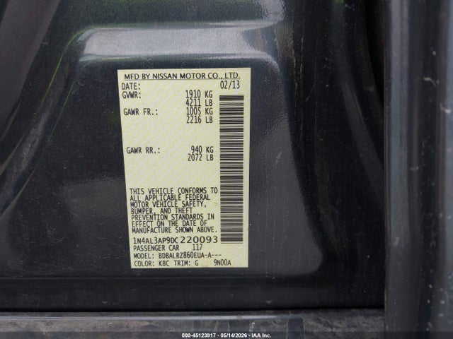 2013 Nissan Altima 2.5 S მანქანა იყიდება აუქციონზე, vin: 1N4AL3AP9DC220093, აუქციონის ნომერი: 45123917