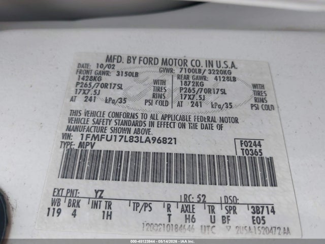 2003 Ford Expedition Eddie Bauer მანქანა იყიდება აუქციონზე, vin: 1FMFU17L83LA96821, აუქციონის ნომერი: 45123944