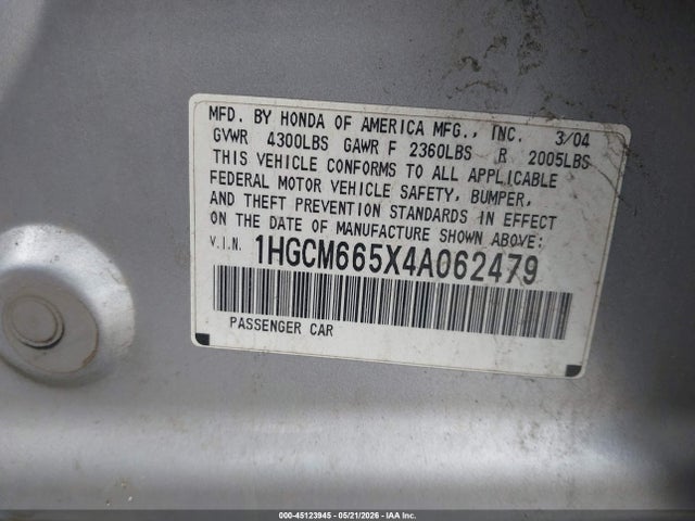 Продаж на аукціоні авто 2004 Honda Accord 3.0 Ex, vin: 1HGCM665X4A062479, номер лоту: 45123945