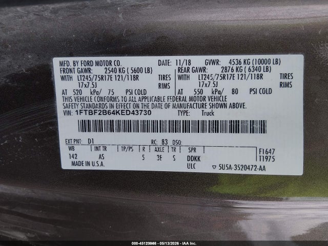 Aukcja sprzedaży 2019 Ford F-250 Xl, vin: 1FTBF2B64KED43730, numer aukcji: 45123946