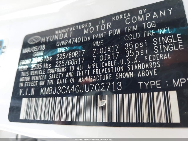 KM8J3CA40JU702713 Hyundai TUCSON SEL