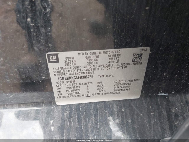 2015 Chevrolet Suburban 1500 Ltz მანქანა იყიდება აუქციონზე, vin: 1GNSKKKC3FR306756, აუქციონის ნომერი: 45123954