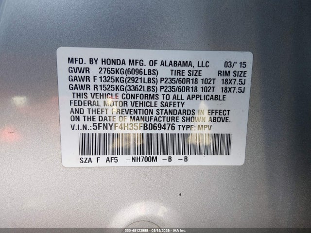 Продажа на аукционе авто 2015 Honda Pilot Se, vin: 5FNYF4H35FB069476, номер лота: 45123958