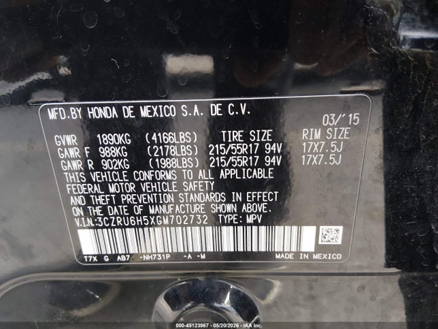 45123967 :رقم المزاد ، 3CZRU6H5XGM702732 vin ، 2016 Honda Hr-v Ex مزاد بيع