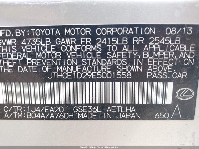 Aukcja sprzedaży 2014 Lexus Is 350, vin: JTHCE1D29E5001558, numer aukcji: 45123969