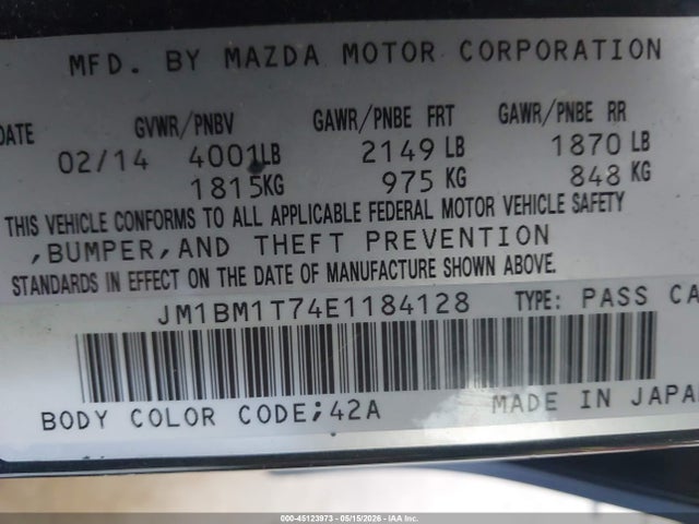 45123973 :رقم المزاد ، JM1BM1T74E1184128 vin ، 2014 Mazda Mazda3 I Sv مزاد بيع