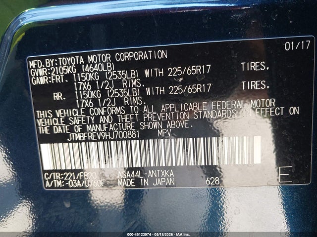 2017 Toyota Rav4 Le მანქანა იყიდება აუქციონზე, vin: JTMBFREV9HJ700881, აუქციონის ნომერი: 45123974