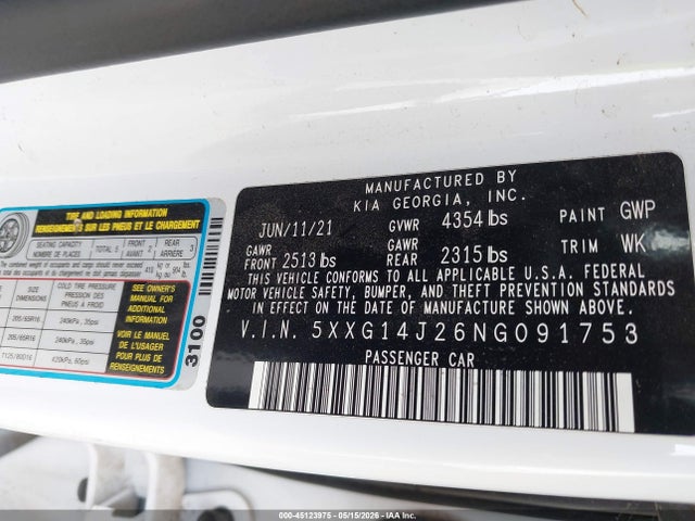 45123975 :رقم المزاد ، 5XXG14J26NG091753 vin ، 2022 Kia K5 Lxs مزاد بيع