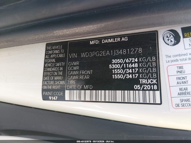 2018 Mercedes-benz Metris მანქანა იყიდება აუქციონზე, vin: WD3PG2EA1J3481278, აუქციონის ნომერი: 45123976