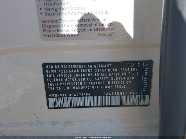 45123977 :رقم المزاد ، WVWHV7AJ9CW271404 vin ، 2012 Volkswagen Gti 4-door مزاد بيع