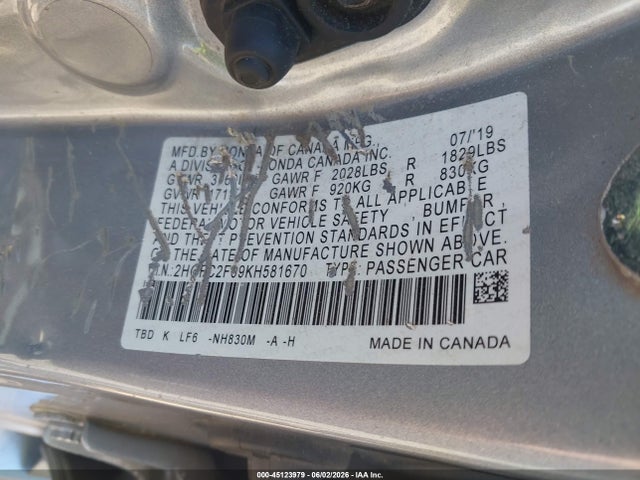 Aukcja sprzedaży 2019 Honda Civic Lx, vin: 2HGFC2F69KH581670, numer aukcji: 45123979