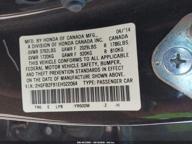 Продажа на аукционе авто 2014 Honda Civic Ex-l, vin: 2HGFB2F91EH522064, номер лота: 45123981