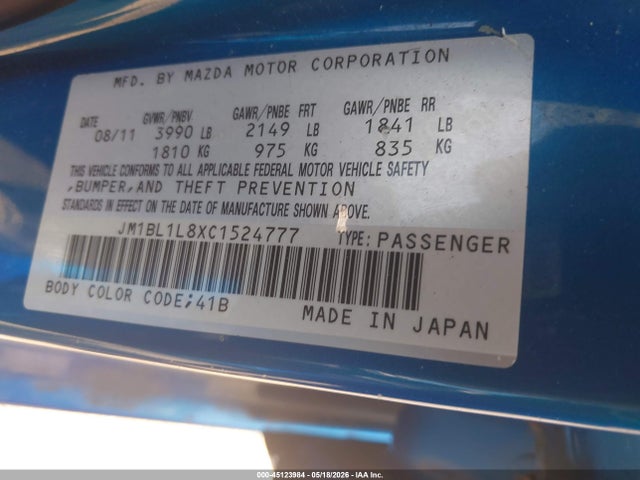 45123984 :رقم المزاد ، JM1BL1L8XC1524777 vin ، 2012 Mazda Mazda3 I Touring مزاد بيع