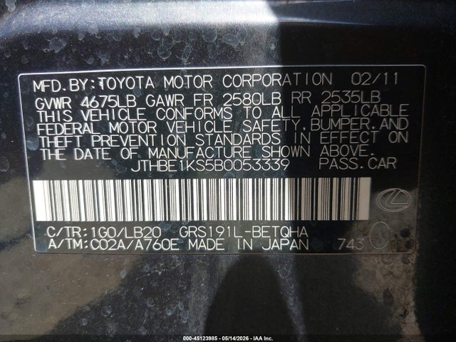 Aukcja sprzedaży 2011 Lexus Gs 350, vin: JTHBE1KS5B0053339, numer aukcji: 45123985