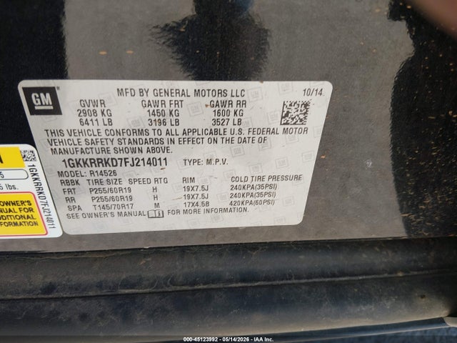 Продаж на аукціоні авто 2015 Gmc Acadia Slt-1, vin: 1GKKRRKD7FJ214011, номер лоту: 45123992