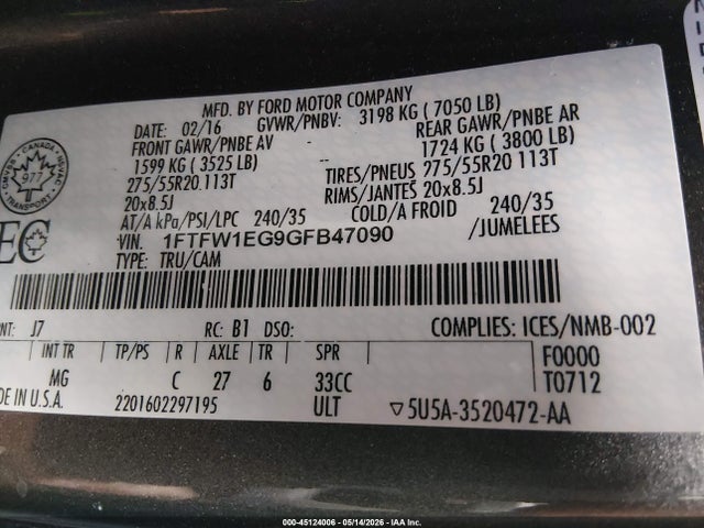 Aukcja sprzedaży 2016 Ford F-150 Xlt, vin: 1FTFW1EG9GFB47090, numer aukcji: 45124006