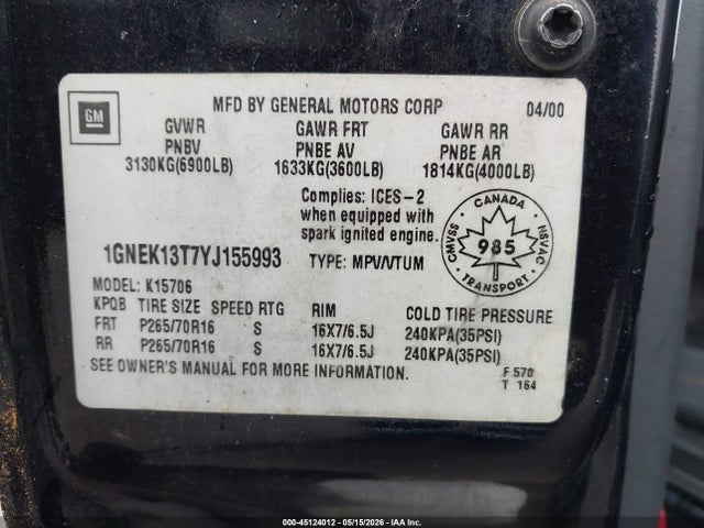 Продаж на аукціоні авто 2000 Chevrolet Tahoe All New Ls/all New Lt, vin: 1GNEK13T7YJ155993, номер лоту: 45124012