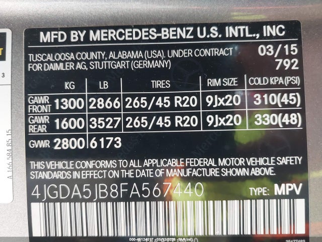 45124017 :رقم المزاد ، 4JGDA5JB8FA567440 vin ، 2015 Mercedes-benz Ml 350 مزاد بيع