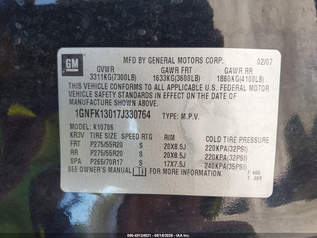 Aukcja sprzedaży 2007 Chevrolet Tahoe Ltz, vin: 1GNFK13017J330764, numer aukcji: 45124021