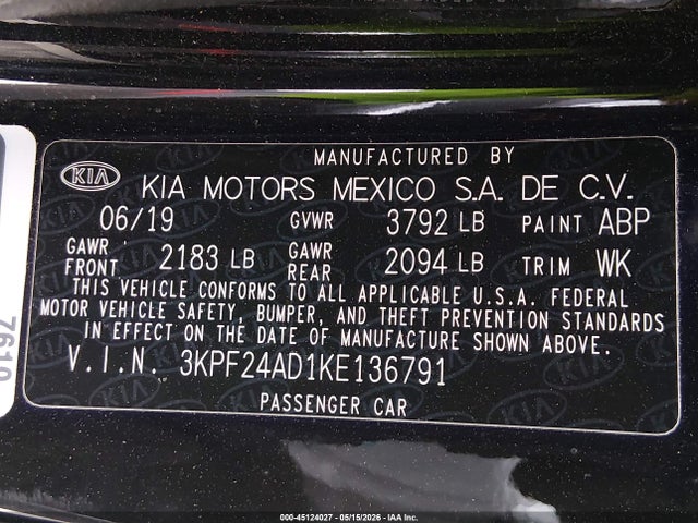 3KPF24AD1KE136791 KIA Forte Lxs