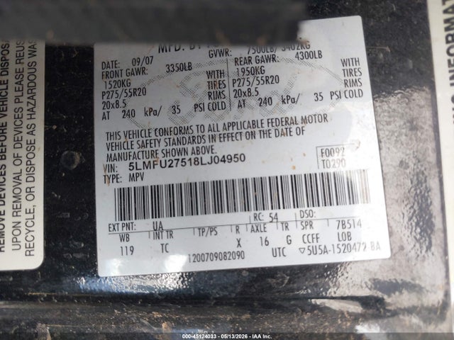 2008 Lincoln Navigator მანქანა იყიდება აუქციონზე, vin: 5LMFU27518LJ04950, აუქციონის ნომერი: 45124033