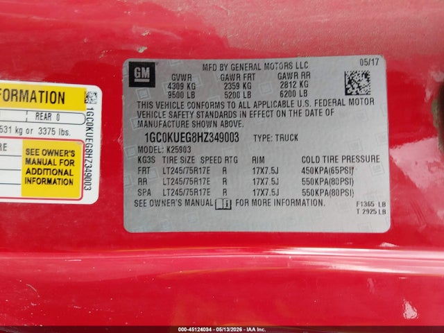 Продаж на аукціоні авто 2017 Chevrolet Silverado 2500hd Wt, vin: 1GC0KUEG8HZ349003, номер лоту: 45124034