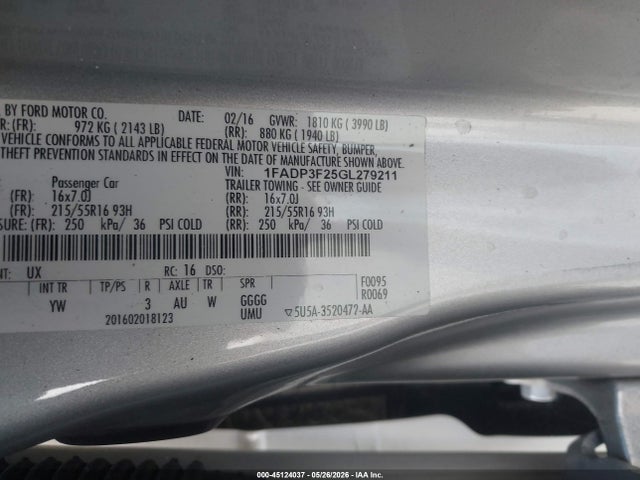 Продаж на аукціоні авто 2016 Ford Focus Se, vin: 1FADP3F25GL279211, номер лоту: 45124037