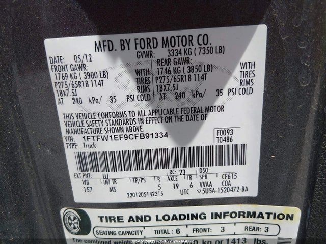 Aukcja sprzedaży 2012 Ford F-150 Xlt, vin: 1FTFW1EF9CFB91334, numer aukcji: 45124039