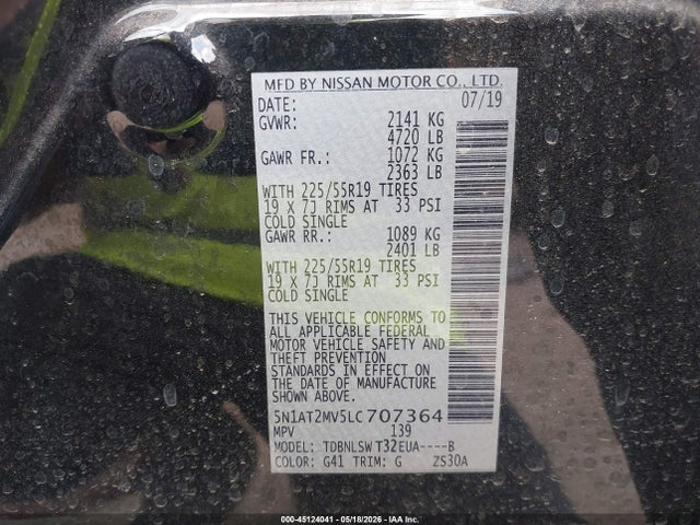 45124041 :رقم المزاد ، 5N1AT2MV5LC707364 vin ، 2020 Nissan Rogue Sl Intelligent Awd مزاد بيع