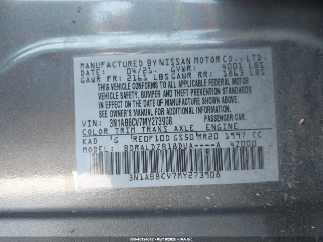 2021 Nissan Sentra Sv Xtronic Cvt მანქანა იყიდება აუქციონზე, vin: 3N1AB8CV7MY273908, აუქციონის ნომერი: 45124042