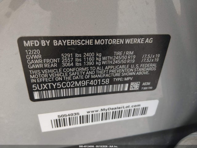 45124056 :رقم المزاد ، 5UXTY5C02M9F40158 vin ، 2021 Bmw X3 Xdrive30i مزاد بيع
