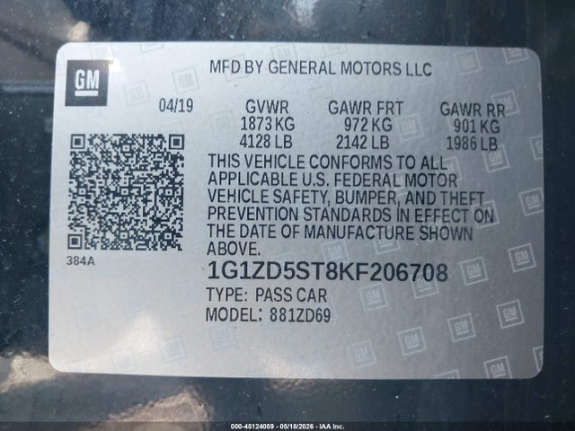 45124059 :رقم المزاد ، 1G1ZD5ST8KF206708 vin ، 2019 Chevrolet Malibu Lt مزاد بيع