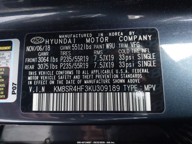 Aukcja sprzedaży 2019 Hyundai Santa Fe Xl Limited Ultimate, vin: KM8SR4HF3KU309189, numer aukcji: 45124067