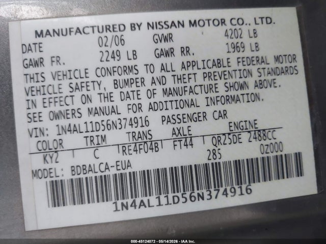 2006 Nissan Altima 2.5 S მანქანა იყიდება აუქციონზე, vin: 1N4AL11D56N374916, აუქციონის ნომერი: 45124072