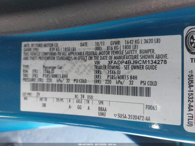 2012 Ford Fiesta Se მანქანა იყიდება აუქციონზე, vin: 3FADP4BJ9CM134278, აუქციონის ნომერი: 45124076