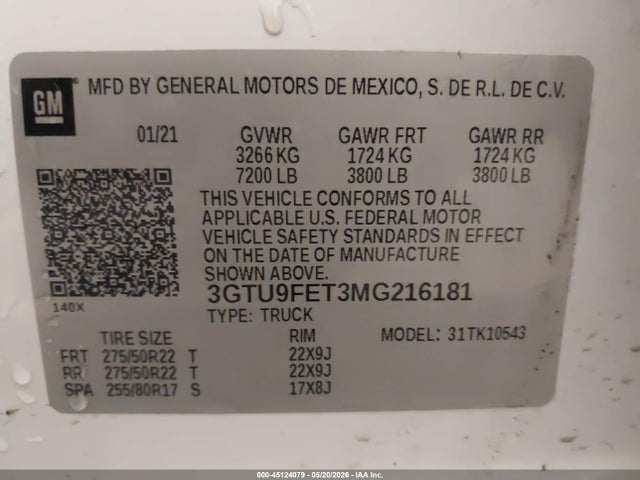 Aukcja sprzedaży 2021 Gmc Sierra 1500 4wd  Short Box Denali, vin: 3GTU9FET3MG216181, numer aukcji: 45124079