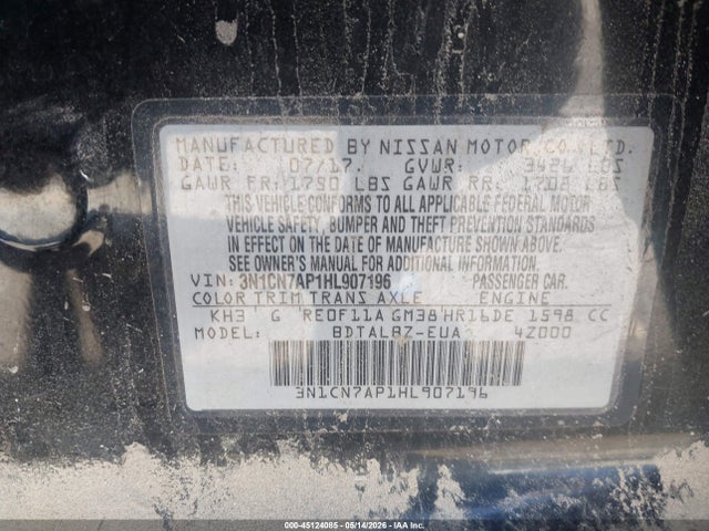 Aukcja sprzedaży 2017 Nissan Versa 1.6 Sv, vin: 3N1CN7AP1HL907196, numer aukcji: 45124085