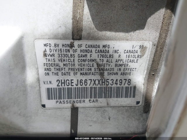 Продаж на аукціоні авто 1999 Honda Civic Lx, vin: 2HGEJ667XXH534978, номер лоту: 45124088