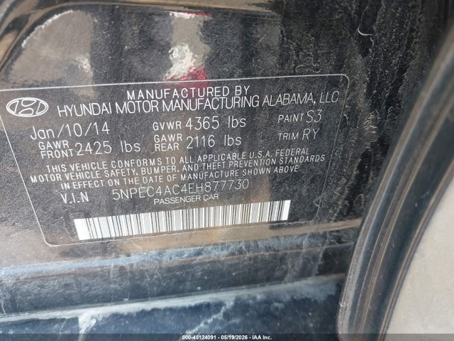 2014 Hyundai Sonata Se მანქანა იყიდება აუქციონზე, vin: 5NPEC4AC4EH877730, აუქციონის ნომერი: 45124091