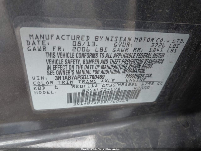 Продажа на аукционе авто 2013 Nissan Sentra S, vin: 3N1AB7AP5DL760469, номер лота: 45124095