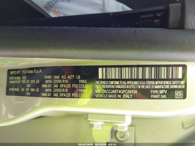 Продажа на аукционе авто 2016 Jeep Renegade Latitude, vin: ZACCJABT4GPC59134, номер лота: 45124096