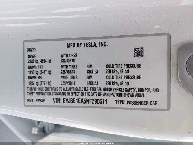 2022 Tesla Model 3 Rear-wheel Drive მანქანა იყიდება აუქციონზე, vin: 5YJ3E1EA5NF290511, აუქციონის ნომერი: 45124100