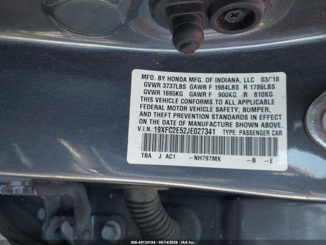 Aukcja sprzedaży 2018 Honda Civic Lx, vin: 19XFC2E52JE027341, numer aukcji: 45124104
