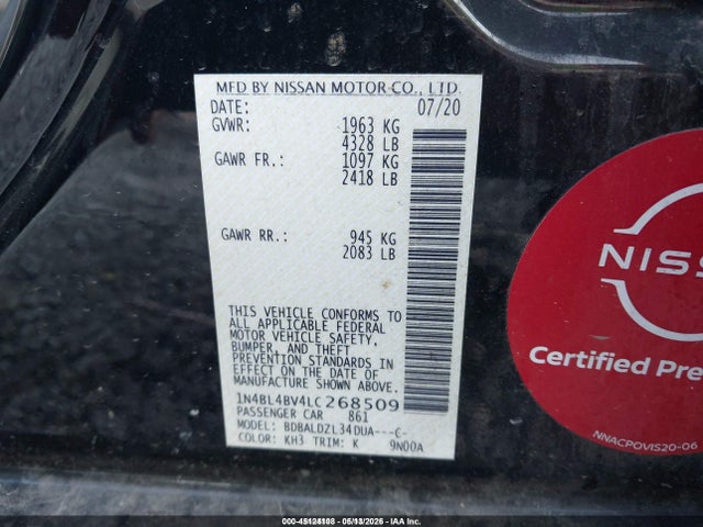 45124108 :رقم المزاد ، 1N4BL4BV4LC268509 vin ، 2020 Nissan Altima S Fwd مزاد بيع