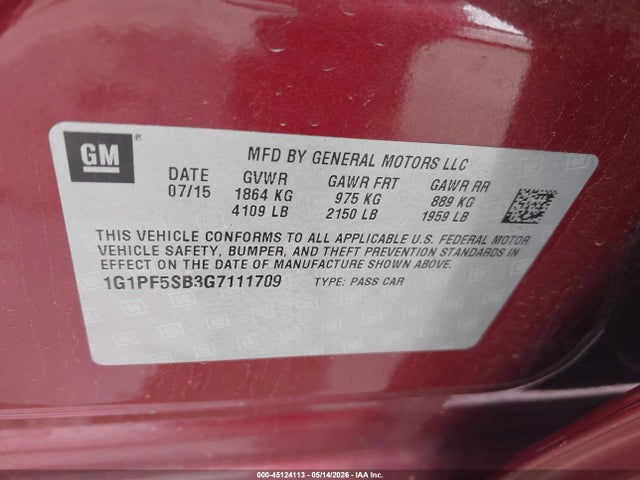 Продаж на аукціоні авто 2016 Chevrolet Cruze Limited 2lt Auto, vin: 1G1PF5SB3G7111709, номер лоту: 45124113
