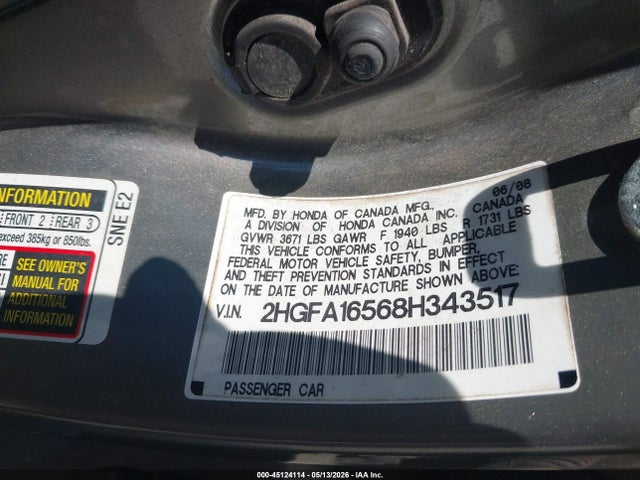 Продажа на аукционе авто 2008 Honda Civic Lx, vin: 2HGFA16568H343517, номер лота: 45124114
