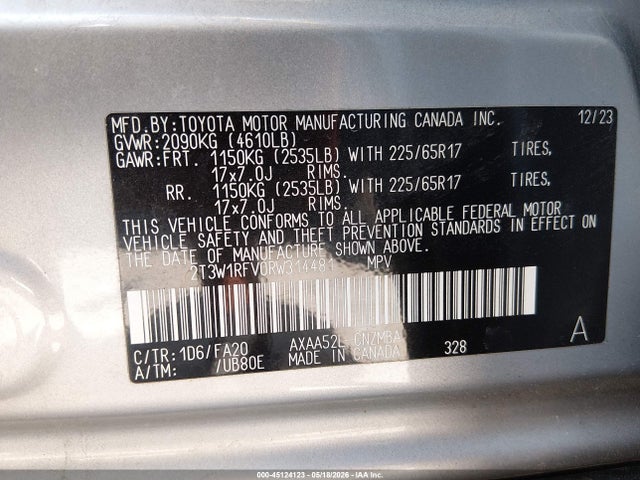 45124123 :رقم المزاد ، 2T3W1RFV0RW314481 vin ، 2024 Toyota Rav4 Xle مزاد بيع