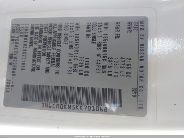45124136 :رقم المزاد ، 3N6CM0KN5KK701068 vin ، 2019 Nissan Nv200 S مزاد بيع