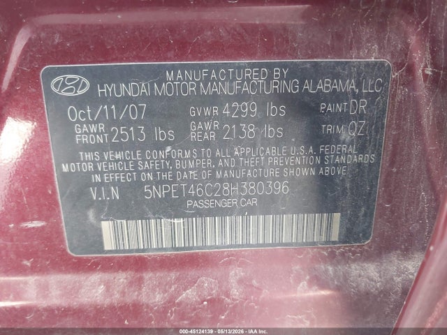 Auction sale of the 2008 Hyundai Sonata Gls, vin: 5NPET46C28H380396, lot number: 45124139